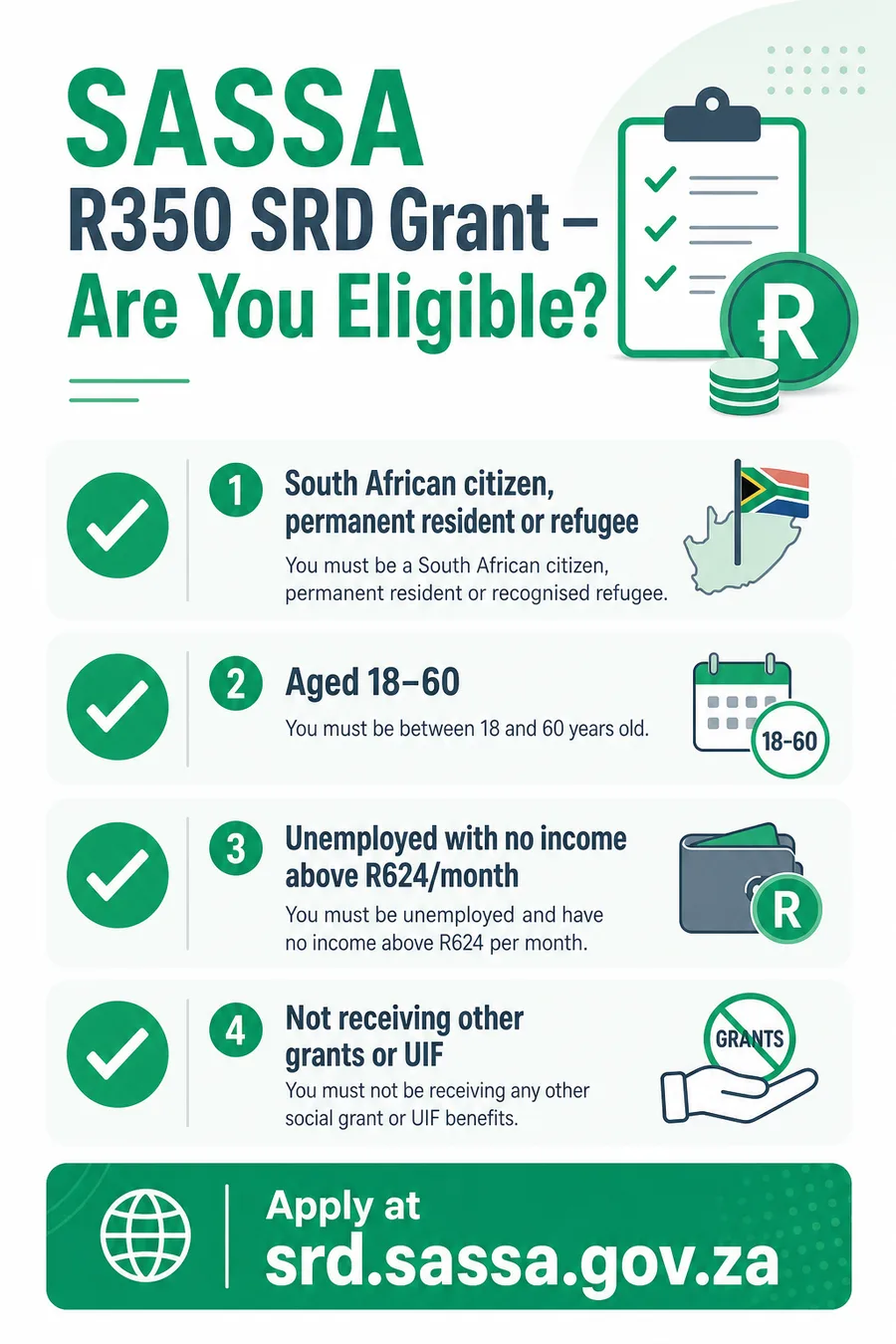 SASSA R350 SRD grant eligibility checklist showing income threshold age requirement and citizenship